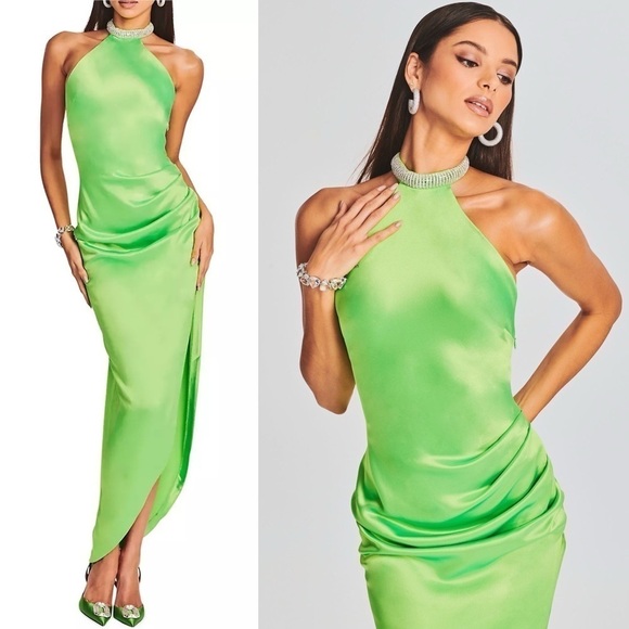 NWT RETROFETE Satin Crystal Choker Halter Sleeveless Ruched Open Back Gown L - Picture 7 of 17